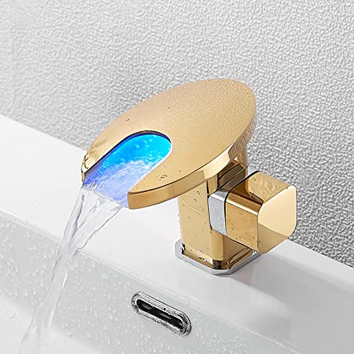 ZYCDP Grifo de Cascada de Lavabo luz Led, Grifo Baño Lavabo de Latón, Grifo de Lavabo con 3 Colores Cambiantes, Mezclador de Baño Monomando Griferia Agua Fría y Agua Caliente, oro