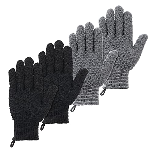 Sibba 2 pares de guantes exfoliantes de baño, exfoliante corporal con ganchos, guante de ducha de lufa, guantes exfoliantes de spa para mujeres y hombres (negro y gris)