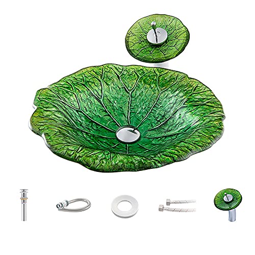 QJJML Forma de Hoja de Loto Baño Artístico Vaso Fregadero Vidrio Templado Moderno Lavabo sobre encimera con desagüe emergente Juego de Grifo en Cascada Lavabo de encimera,Turquoise