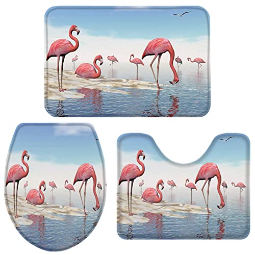 Juego De Alfombras De Baño De 3 Piezas Flamenco Rosa Agua Animal Alfombrilla De Ducha Suave Alfombra para Casa, Ducha, Bañera