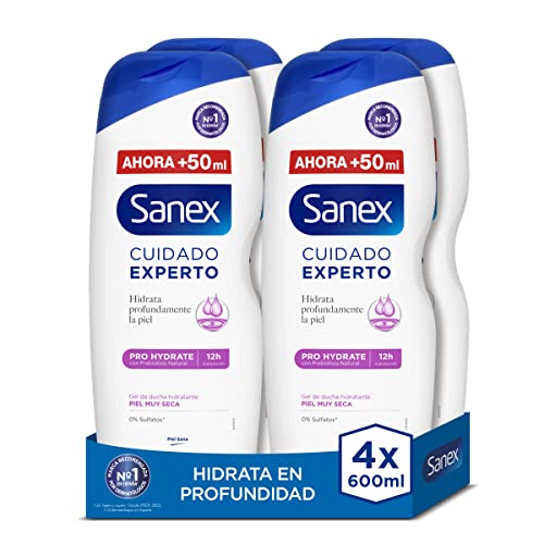 Sanex Cuidado Experto Pro Hydrate, Gel de Ducha o Baño, Piel Muy Seca, Hidratación Profunda, Combate las Bacterias, Pack 4 Uds x 600ml