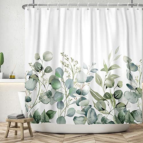 MIRRORANG - Cortina de ducha con diseño de hojas de eucalipto con 12 ganchos, tela lavable impermeable y resistente al moho (180 x 180 cm)