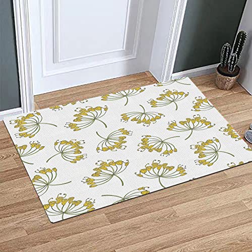 Alfombra Baño,Alfombra Ducha Antideslizante, Tonos amarillos simplistas continuos florales Flores de eneldo Boceto Ilustración.Café pálido Ver,Alfombra de baño para baño,ducha,dormitorio,cocina,puerta