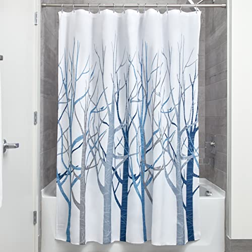 iDesign Forest Cortina de baño de diseño, Preciosa cortina de ducha de 183 x 183 cm, Cortinas para bañera o ducha con dibujo de árboles, Poliéster azul/gris