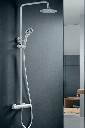 IMEX - Columna Conjunto de ducha con grifo termostático de diseño moderno, Barra de ducha extencible, Griferia de baño - SERIE LONDRES Blanco Mate - BTL011/BL