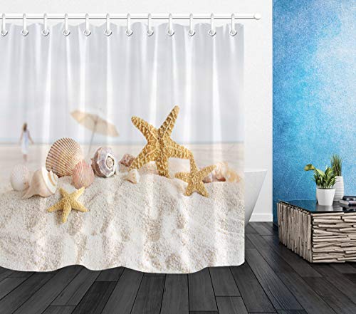 LB Playa Tropical Cortinas de Baño 150X180CM Estrella de mar y caracola en Arena Blanca Cortina de Ducha con Ganchos,Impermeable Antimoho Poliéster Cortina de Baño