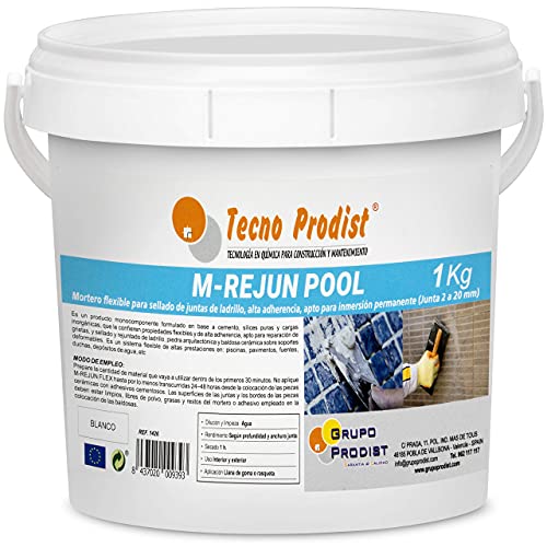 M-REJUN POOL de Tecno Prodist (1 Kg) Mortero flexible para sellado de juntas de baldosas y gresite en piscinas, ceramica, ladrillo, etc, apto para inmersión permanente (Junta 2 a 20 mm) Blanco