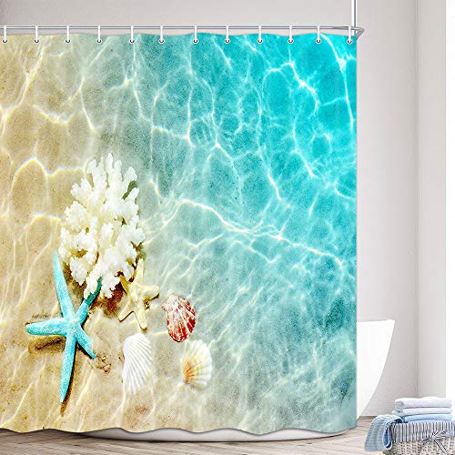 MERCHR Juego de cortinas de ducha para playa, diseño de pez tarfish y conchas de mar en azul marino, tela impermeable para baño, 12 ganchos incluidos 175,3 x 177,8 cm