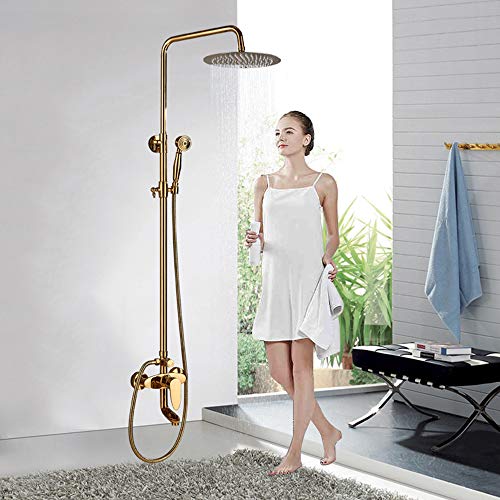 Onyzpily Grifo de ducha dorado con ducha de lluvia y alcachofa de ducha, sistema de ducha para cuarto de baño con bañera, sin grifo, ducha cascada