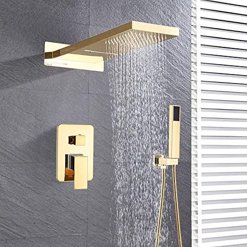 Grifo de ducha de latón de lluvia de cascada de lujo Mezcladores Columna de ducha de un solo mango montada en la pared con ducha de mano Válvula mezcladora de 3 vías, pulido dorado