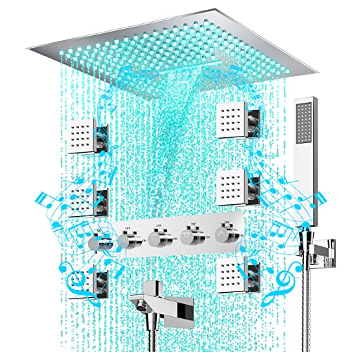 Sistema de ducha LED 16 x 16 pulgadas, sistema de ducha cuadrado cascada montaje en techo, sistema de ducha termostática de lluvia 64 colores music rain shower sistema integrado Bluetooth
