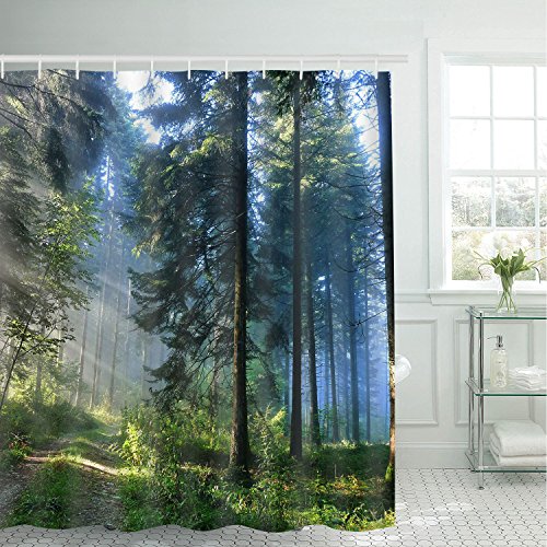 Alishomtll Cortina de ducha con diseño de bosque digital 3D con paisaje impreso impermeable, resistente al moho, cortina de baño lavable, tela de poliéster con 12 ganchos