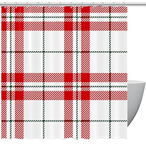 Cortina de ducha escocesa escocesa de color blanco rojo escocesa, juego de decoración de baño impermeable con 12 ganchos, 66 x 72 pulgadas