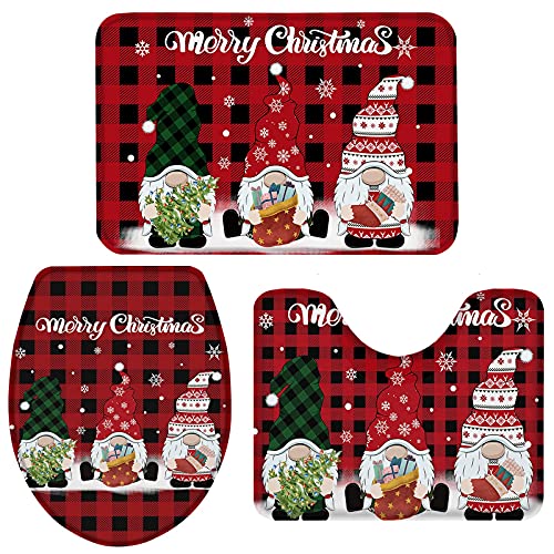 Alfombrillas De Baño Juego De 3 Piezas Feliz Navidad GNOME Snowflake Red Buffalo Plaid Alfombrilla De Ducha Antideslizante Alfombras De Baño para Bañera, Ducha, Casa