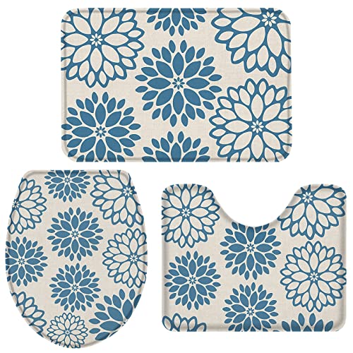 Pedestal Set Resumen Dahlia Floral Pinnata Flor Azul Rústico Cubierta del Asiento del Inodoro Antideslizante Alfombrilla De Ducha para Ducha, Dormitorio, Bañera