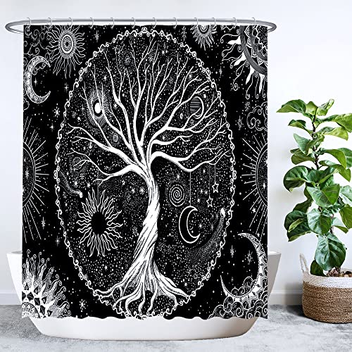 Ulticool Cortina de Ducha - Diseño del árbol de la Vida - Color Blanco y Negro - 180 x 200 cm - Lavable - Resistente al Agua - con 12 Anillas