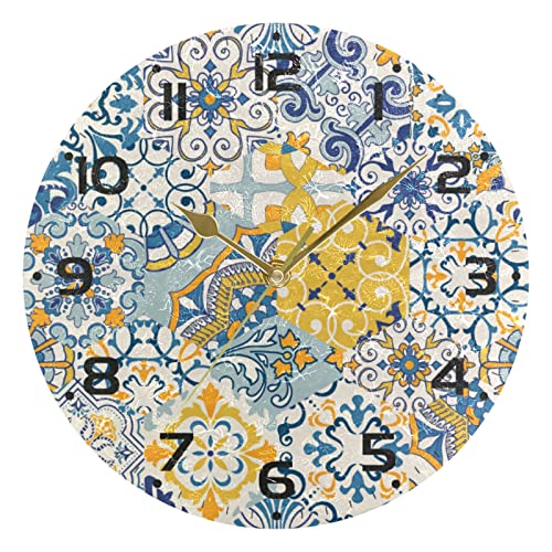 Reloj de pared redondo de mosaico de gaudí de mayólica para decoración de la habitación del hogar, reloj de cuarzo atómico, silencioso, Png, colorido, azul real, funciona con pilas, relojes de 10