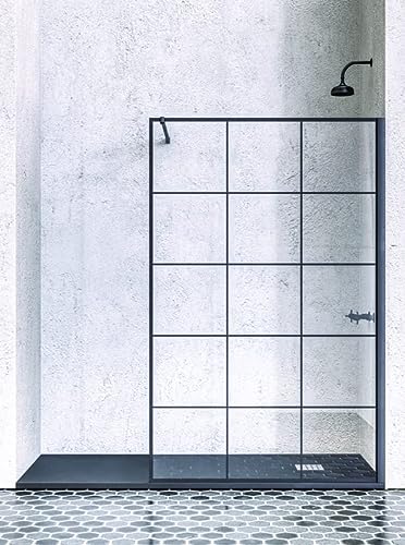 Mampara de ducha frontal fija - Decorado Frame - Cristal templado 8 mm Antical - Perfilería Negra Mate - Ancho 90 cm - Alto 195 cm - BELEM