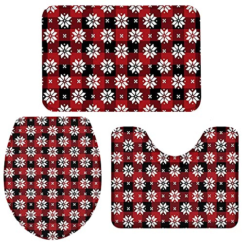 Juego De Alfombras De Baño De 3 Piezas Navidad Blanco Copo De Nieve Rojo Negro Plaid Check Alfombrilla De Ducha Lavable Alfombra para Bañera, Ducha, Casa