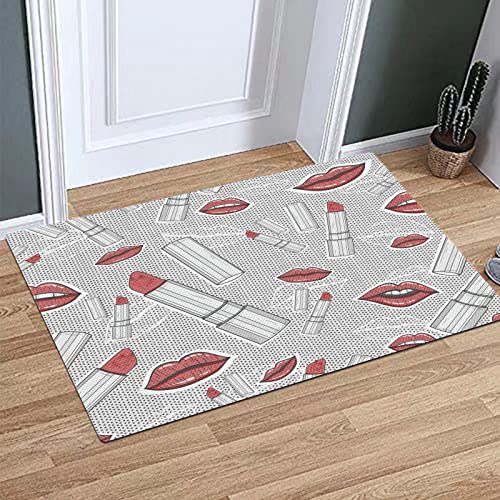 BOMEKS Alfombra Baño,Alfombra Ducha Antideslizante, Patrón temático de Maquillaje Continuo Hipster con Labios y Barras de Labios.Gris Coral,Alfombra de baño para baño,Ducha,Dormitorio,Cocina,Puerta