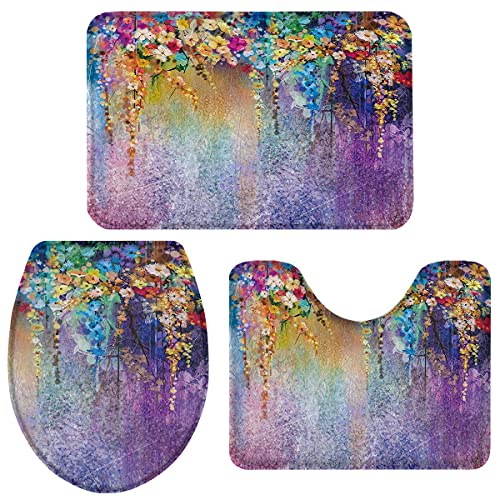 Juego De Alfombrillas De Baño Arco Iris Púrpura Flor Floral Cubierta del Asiento del Inodoro Antipolvo Alfombrilla De Ducha para Ducha, Dormitorio, Bañera