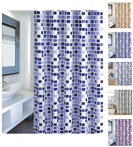MSV Cortina de Baño, Diseño Mosaico, Poliéster, Azul, 22x50x6 cm