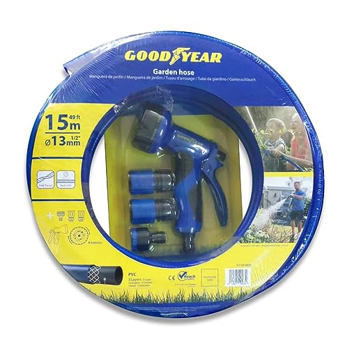 Goodyear - Manguera jardín enrollable 15m. PVC reforzado de 3 Capas. Anti UV Anti Torsión. Manguera de jardín con pistola de riego 9 posiciones 3 conectores rápidos ½’’ ¾’’