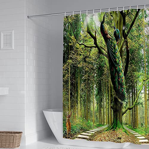 Aotiwe Cortinas de baño rústicas, juego de cortinas de ducha modernas de pavo real en el árbol, poliéster verde 66 x 80 pulgadas