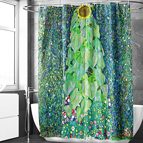 Berkin Arts 180 x 180 cm Cortinas de Ducha con Patrón de Flor Floral Arte Impermeable Cortinas de Baño Poliester Lavable en la Lavadora con 12 Ganchos para Cuarto de baño Verde (Gustav Klimt-Girasol)