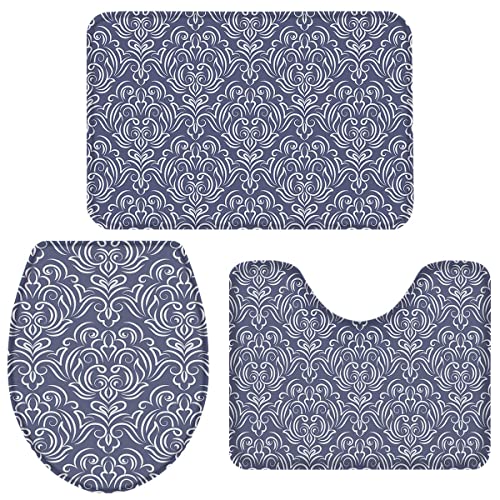 Juego De Alfombrillas De Baño Damasco Floral Textura Azul Blanco Alfombrilla De Ducha Antipolvo Alfombra De Pedestal para Ducha, Dormitorio, Bañera