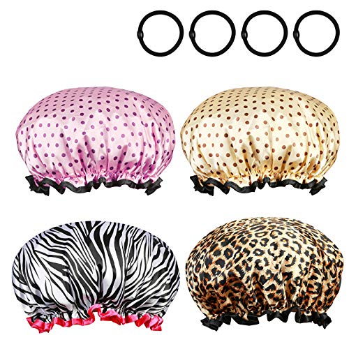 ZoomSky 4pcs Gorro de Ducha Sombrero de baño Impermeable de Gorro elástico para Pelo Largo y Grueso con 4 Gomas de Pelo