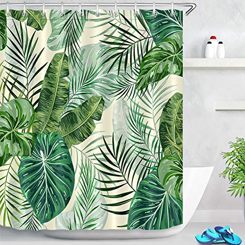 LB Hoja de Palma Cortinas de Baño 180X200CM Follaje Tropical Verde,Crema Cortina de Ducha con Ganchos,Extra Largo Impermeable Antimoho Poliéster Decoración de Baño